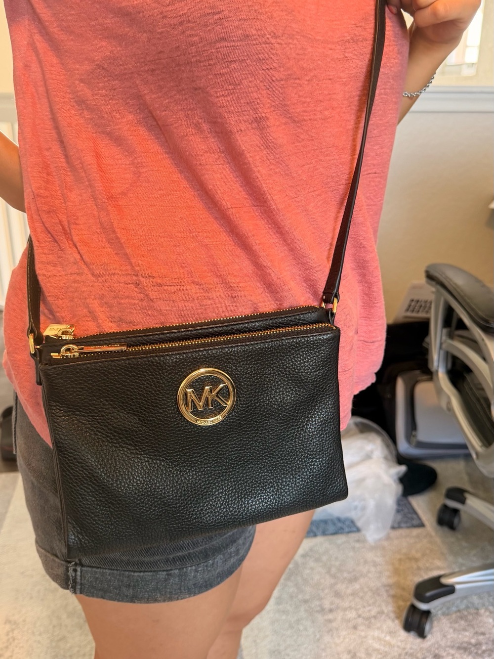 Michael Kors Black Pebbled Leather Double-Zip Crossbody